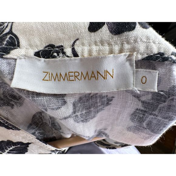 NEW Zimmermann S Lovestruck Floral 100% LINEN Midi Dress Puff Sleeve Black Tan 0 - Picture 12 of 13